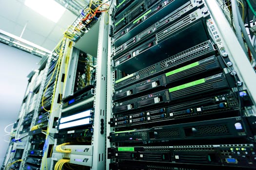 High-tech server rack in a secure data center with network cables and hardware components.